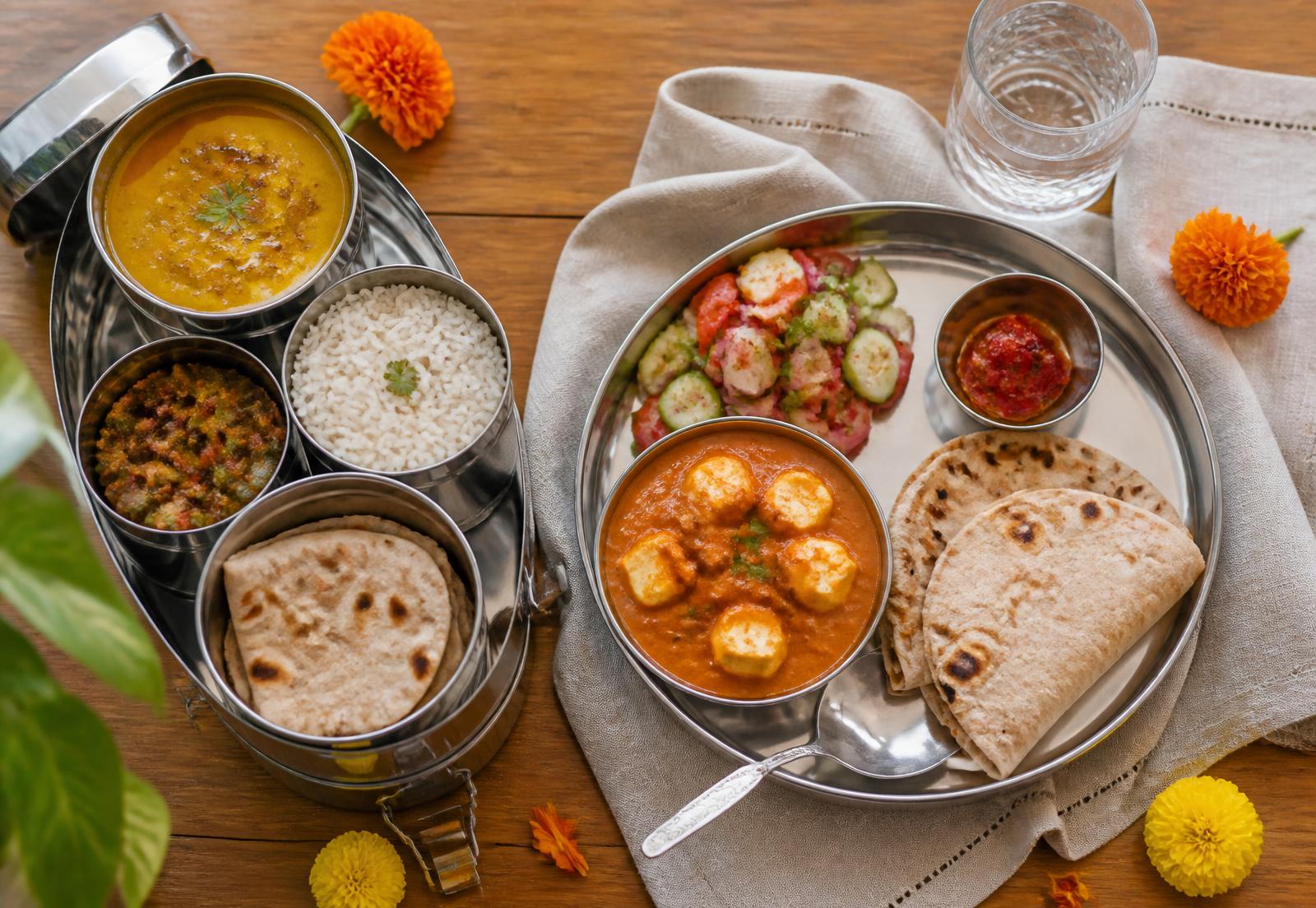 Freshly served home-cooked thali